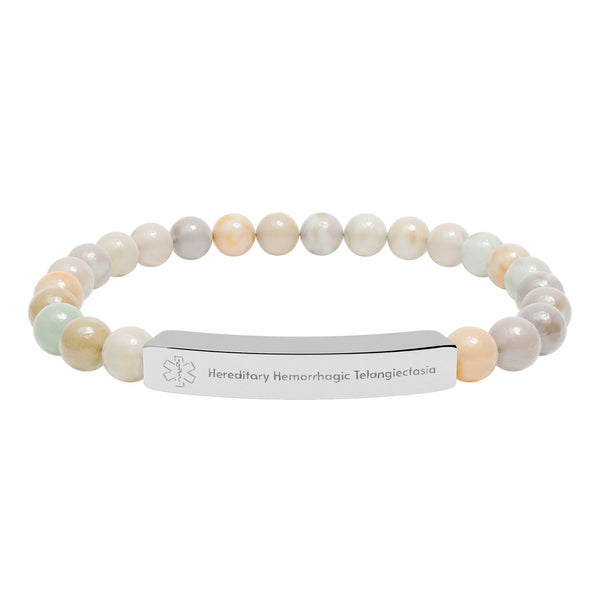 HHT Medical ID Bracelet | Engravable Natural Stone Bar Bracelet — Stretch Beaded Bracelet with Customizable Engraved Bar (Howlite & Pastel Amazonite)